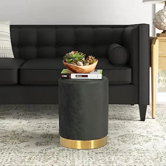 Modern Living Room Round Leather Upholstered Vanity Makeup Stool Gold Ottoman Foot Stool with Metal Legs