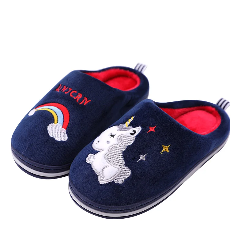 Kids Cartoon Unicorn Slippers Winter Non-Skid Indoor Sandals Children Wool Plush Warm Soft Soled Fur Slides