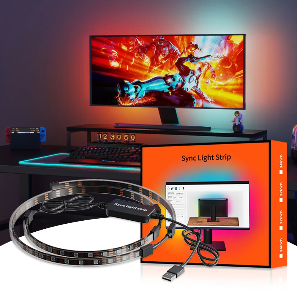PC Gaming Display Sync Backlight Strip USB NO Camera Ambient Back Light 32' Computer Monitor Screen Color Synchronize LED Strip