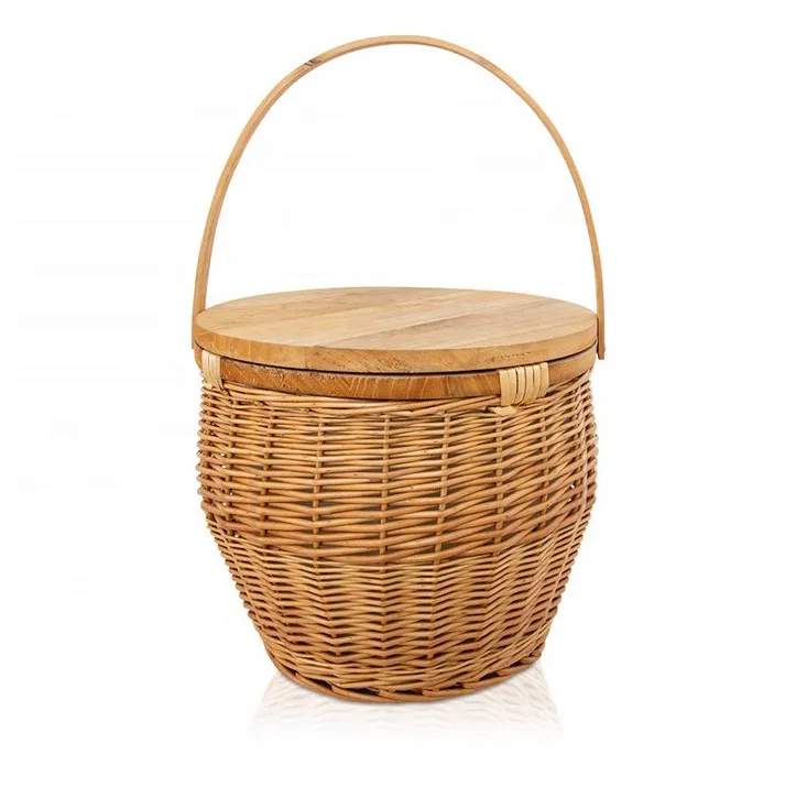 Round Wicker Picnic Basket With Wood Lid And Put Down Handle Storage Baskets