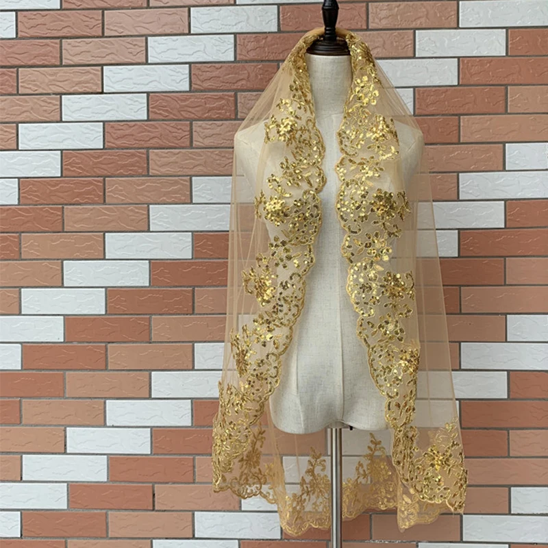 Trendy bride headwear accessories head cover 80-100 cm gold red green blue ivory sequin lace wedding bridal veil with comb