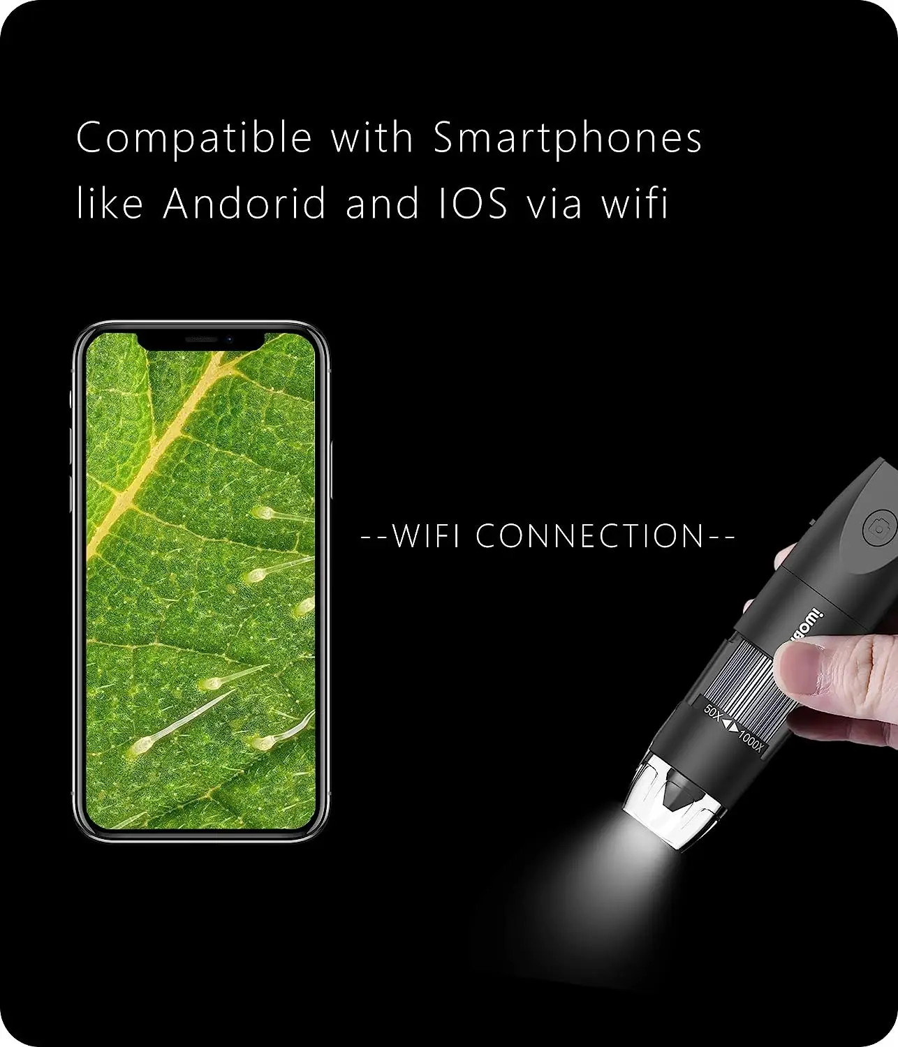 Multi-scene use WIFI portable microscope 50-1000X photography video macro observation manual maintenance play appreciation drawi