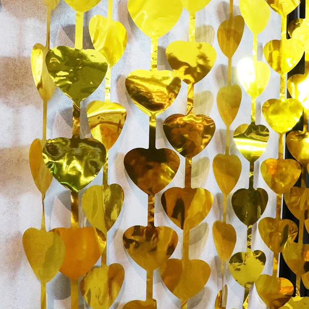Heart Shape Foil Curtains Backdrop Fringe Tinsel Metallic Curtains Photo Backdrop for Wedding Birthday Party Stage Decor