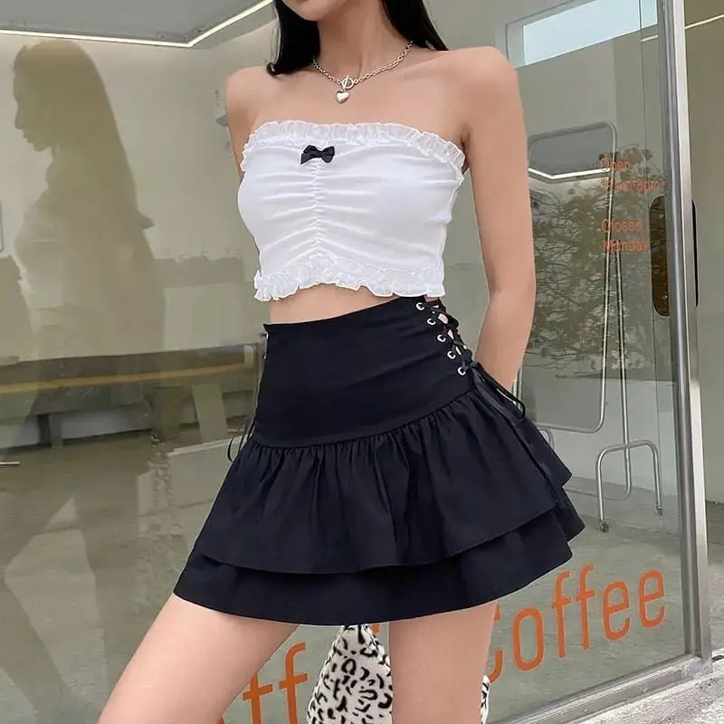 Women Wholesale Black Pluff Sexy Egirl Gothic Lace Up Layers Clothings Mini Skirts