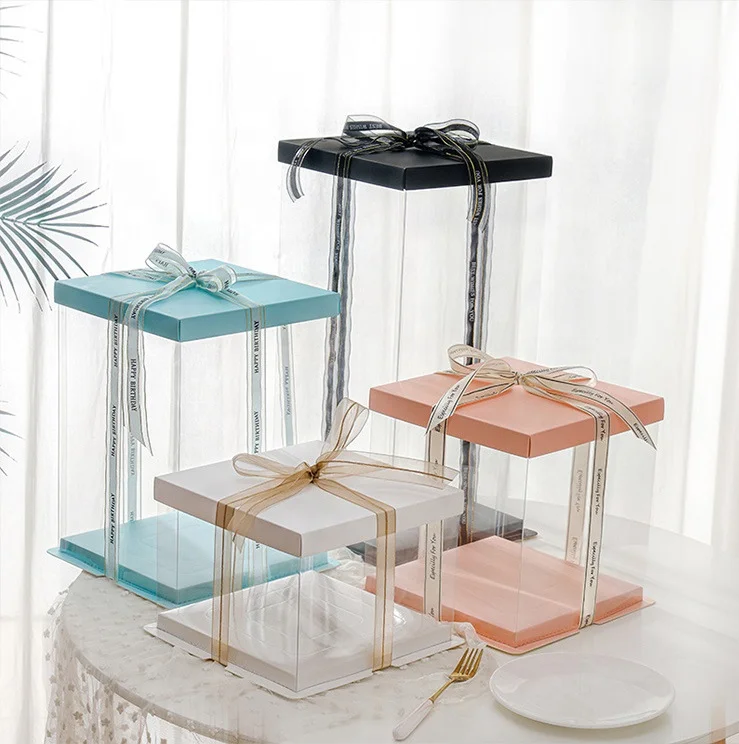 Square Pink Packaging Plastic Birthday Party 4 inch 6 inch 8 inch 10 inch 12 inch Clear Cake Boxes With Ribbon