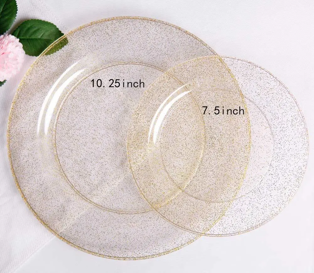 Gold Glitter Plastic Plates with Disposable Silverware, Cups Dinnerware sets for Wedding Parties