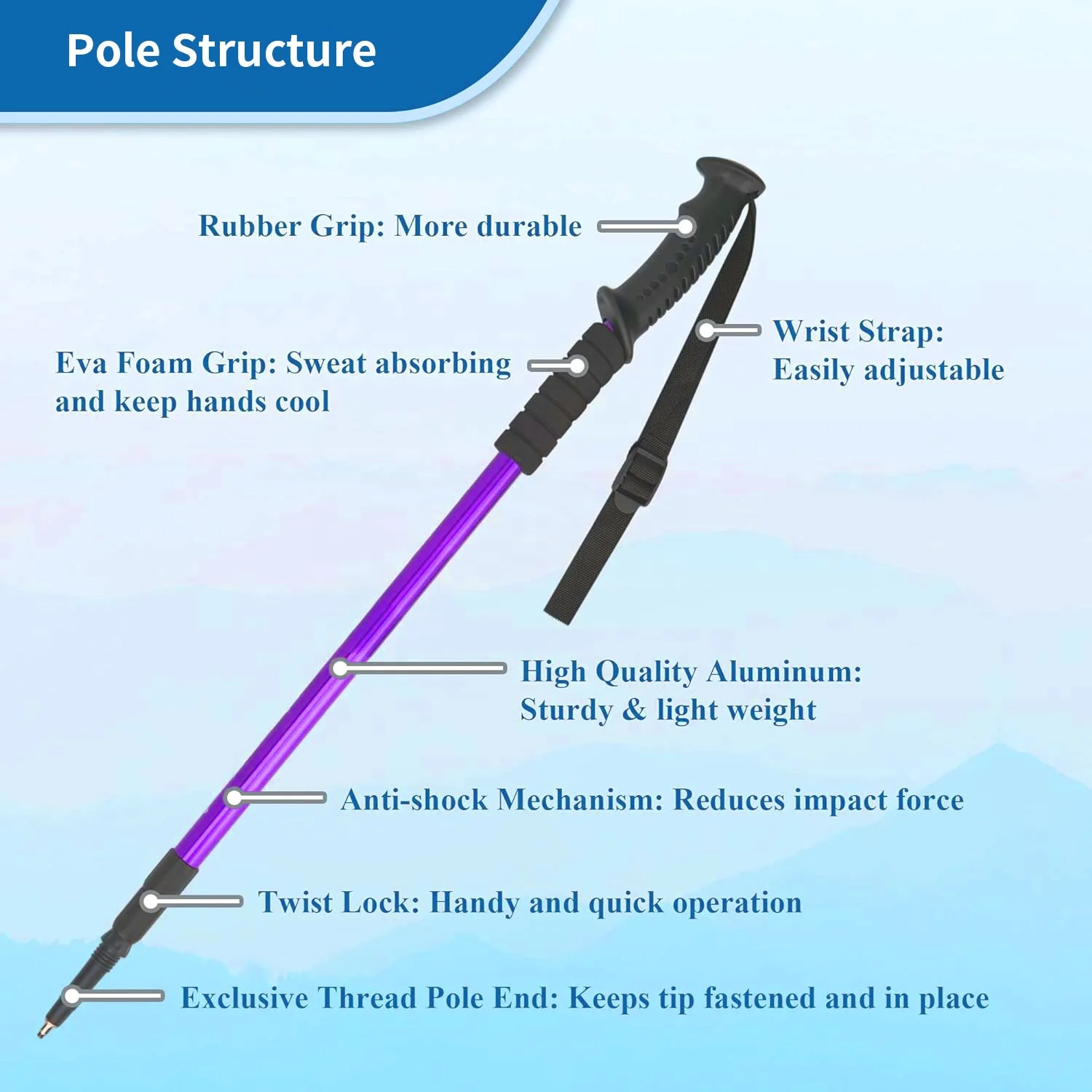 OEM ODM Customized Tracking Walking Hiking Sticks Trekking Poles Aluminum 3 Section Adjustable Folding Strap