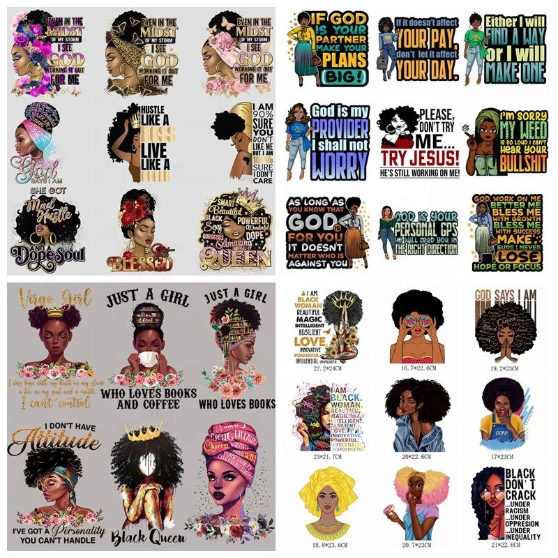 Custom Black Queen Afro Girl Offset Thermal Iron On Patches DTF Film Printing Ready To Press  Heat Transfer Stickers Design