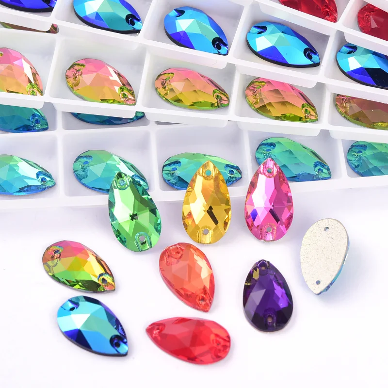 BOBOHOO Wholesale Flat Back Teardrop Sew On Crystal Stones Glass Big Crystals Gold Back Sewing Rhinestones for Fashion Dresses