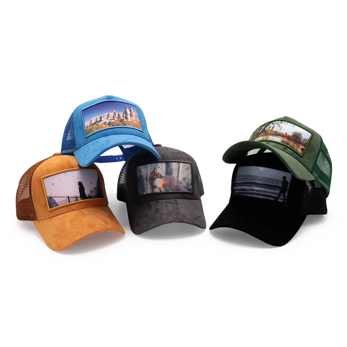 Own Photo Sublimation transfer print patch Logo furry fluffy suede velvet caps Custom Personnalisable Trucker Hat 5 panel mesh