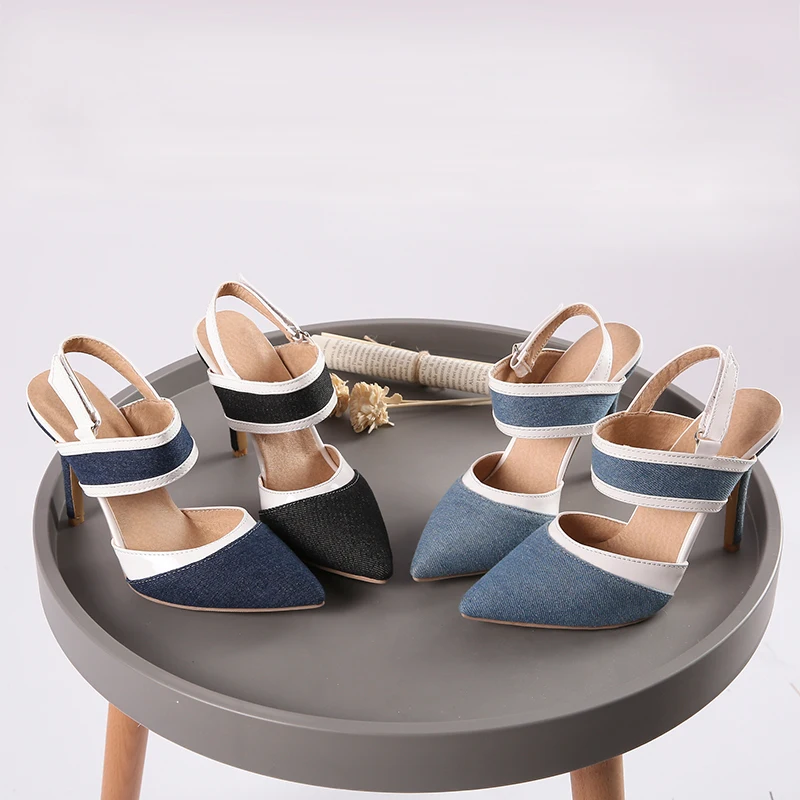Party Sexy Patchwork High Heels Ladies Sandals Stiletto Thin Heel Pointed Toe Denim Black Blue Shoes
