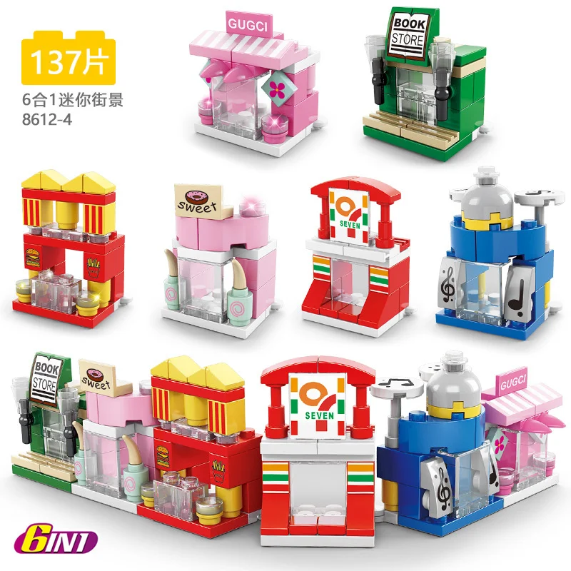Mini City Street View Girls Castle Shop Engineering Truck Car 6 in 1 Kids Building Blocks Sets Bricks Toys for Promotion Gifts