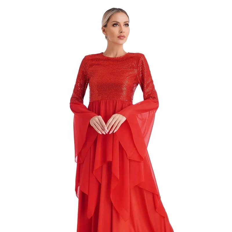 Womens Liturgical Dance Performance Shiny Sequins Patchwork Worship Tunic Round Neck Flared Sleeve Asymmetrical Hem dance Dress