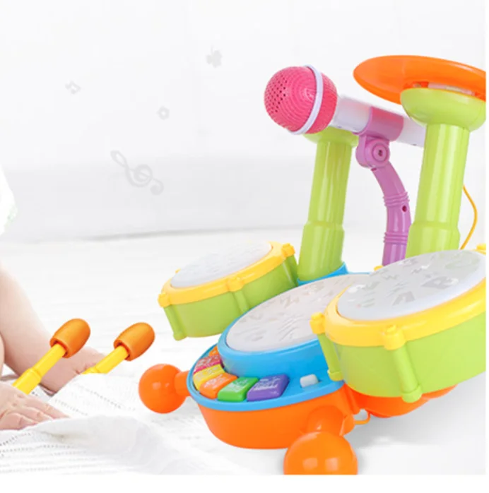 Multifunctional Kids Musical Instrument Toy Set Jazz Drum & Keyboard Microphone Sound Learn Function Wood Material Box Packed