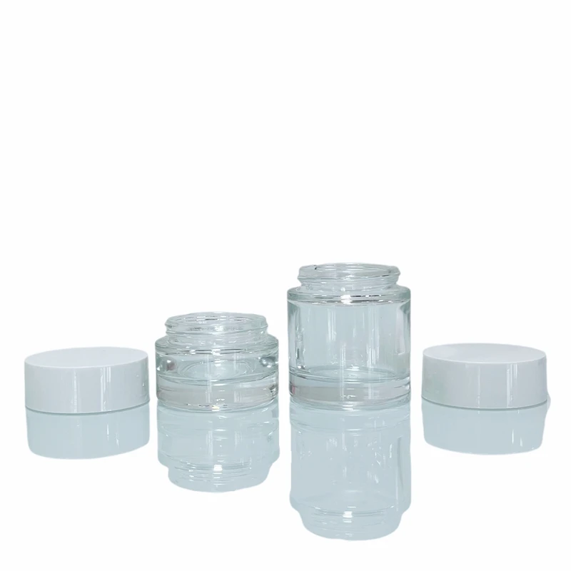 Cream unique thick heavy bottom container 15g 30g 0.5oz 1.7oz transparent glass jar with white lid
