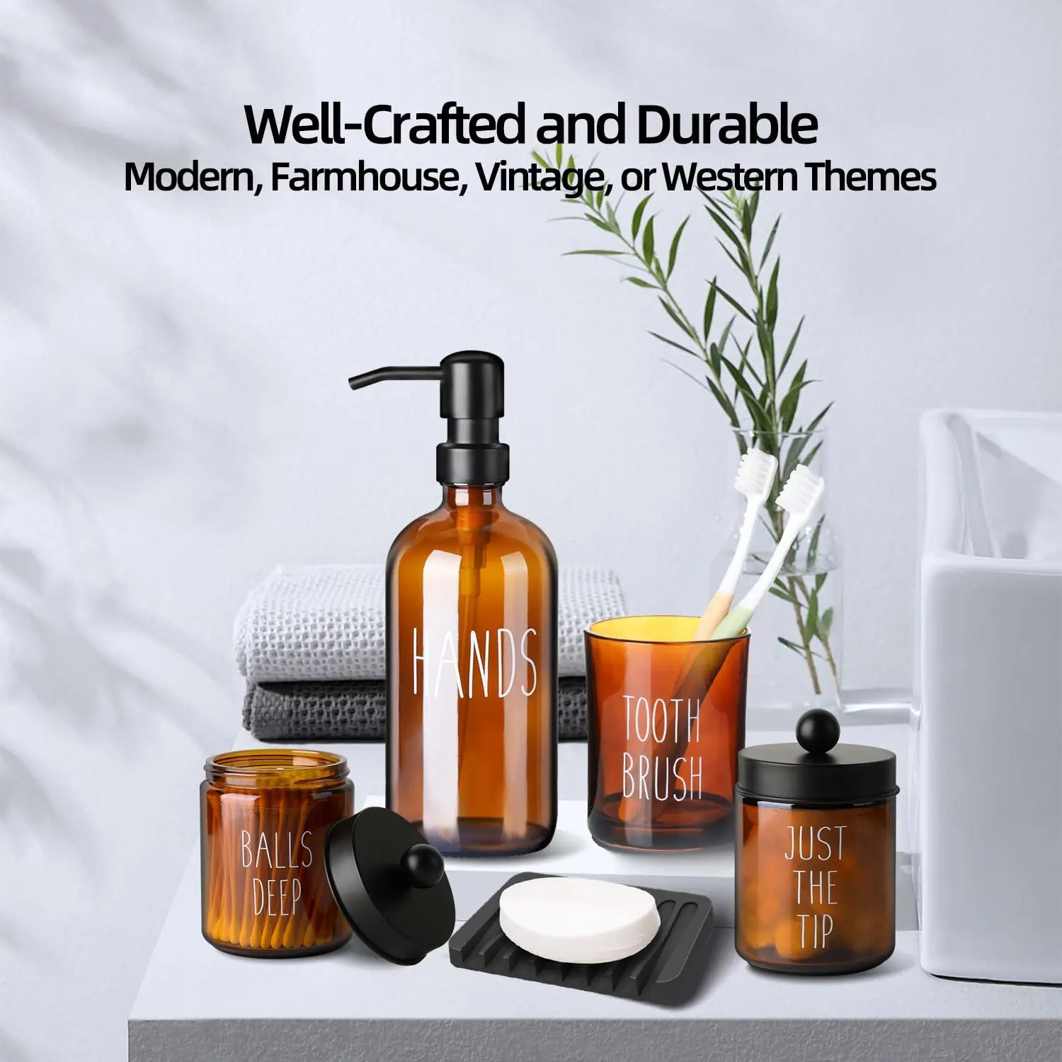 5 Pcs Glass Soap Dispenser Soap and Toothbrush Holder Hotel Farmhouse Boho Home Decor Bathroom Accessories Set