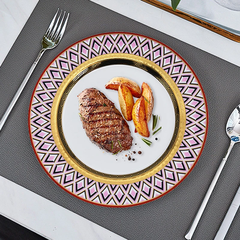 10.5inch with 8inch European elegant red color bone china porcelain gold rim wedding hotel beautiful dinner dish plate sets