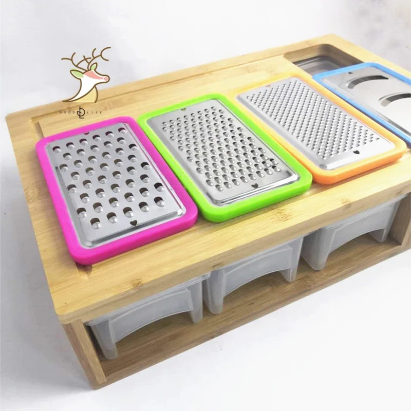 Costom Large Bamboo Cutting Board With Containers For Kitchen Chopping Boards With 4 Compartments with  4 grater