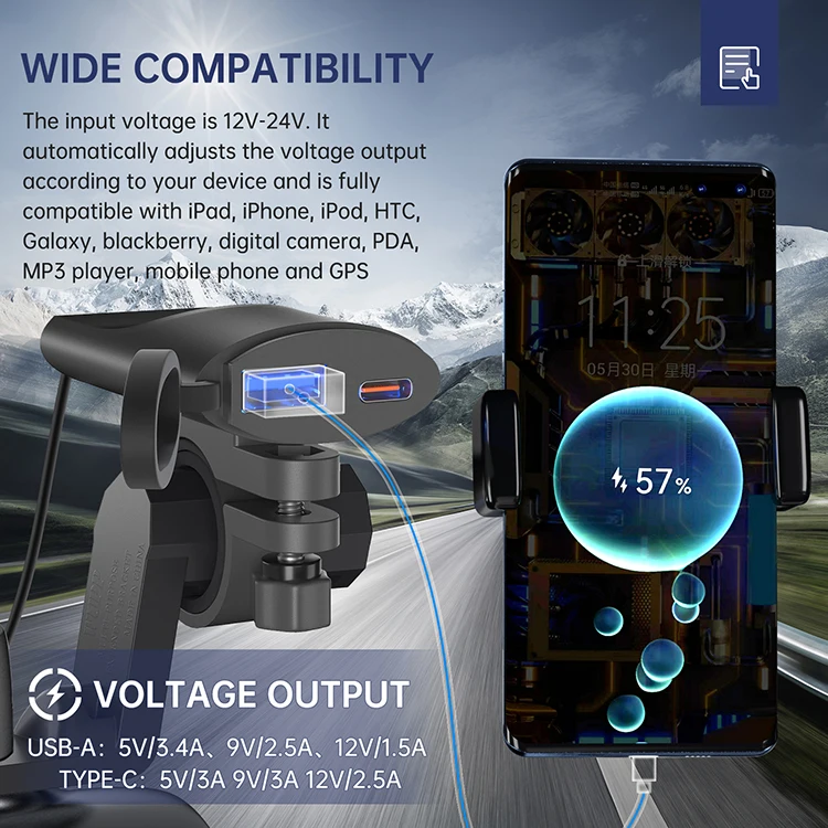 Intelligent Charging TYPE-C PD Usb Cellphone Charger Motorcycle Phone Charger