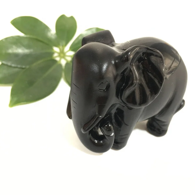 Wholesale Natural Quartz Carved Cute Animal  Elephant Statue Crystal Black Obsidian Carving For Gift