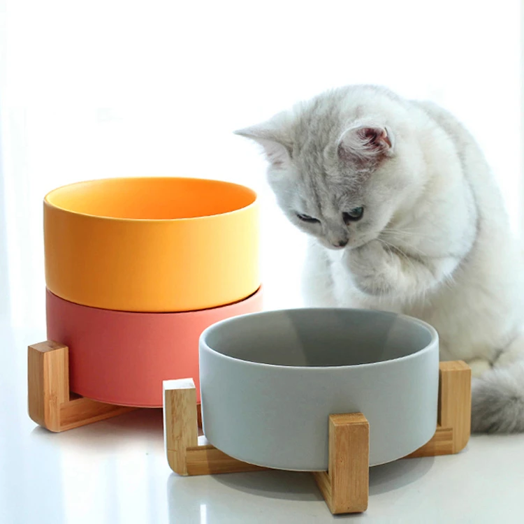 Manufacturer wholesale ceramic multi colors pet dog bowl with wooden frame (1600374590452)