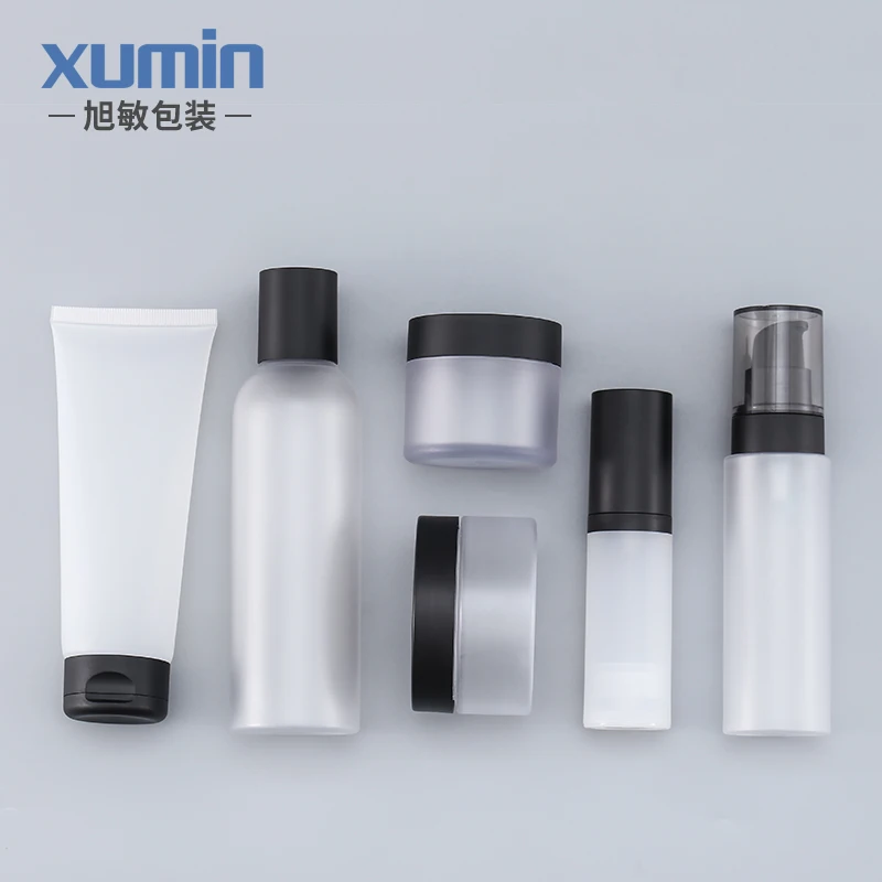 plastic 50g cream jar 100 ml frosted spray bottle and 100ml Squeeze tube and 200ml lid bottle frosted lotion skin care packing