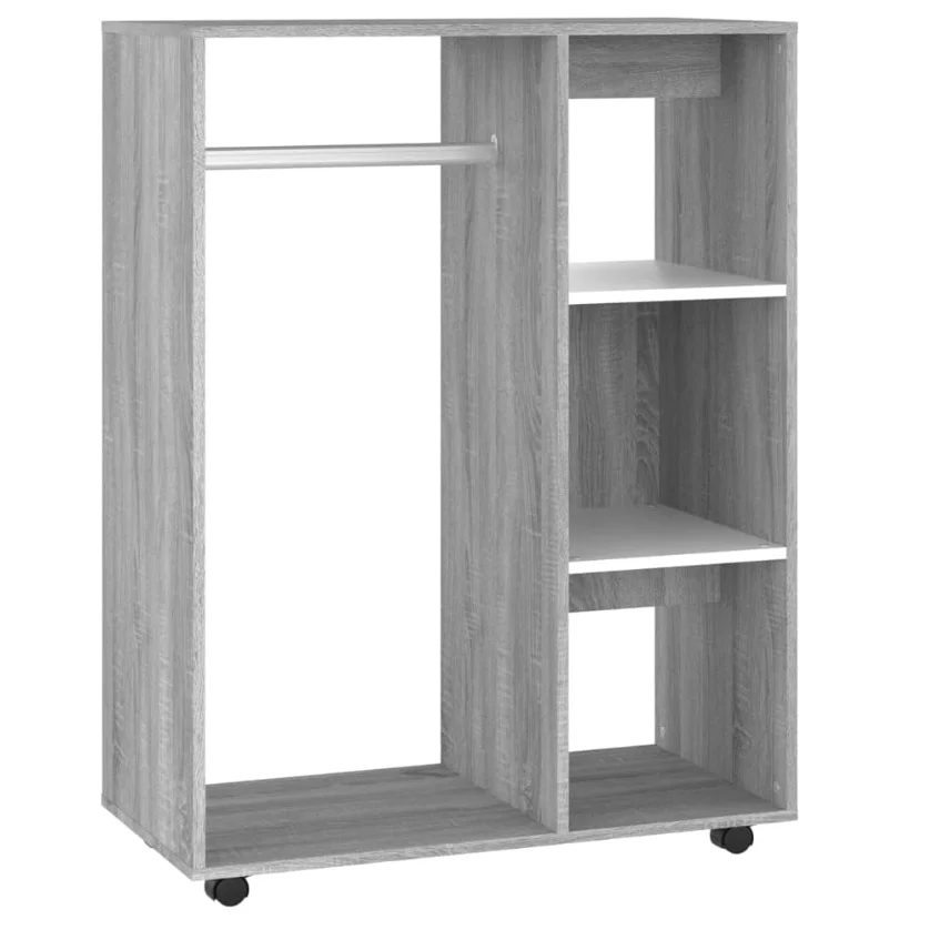 Grey  Wardrobe with Open Compartment and Side Shelves Made of Engineered Wood - Versatile Storage Solution for Clothes