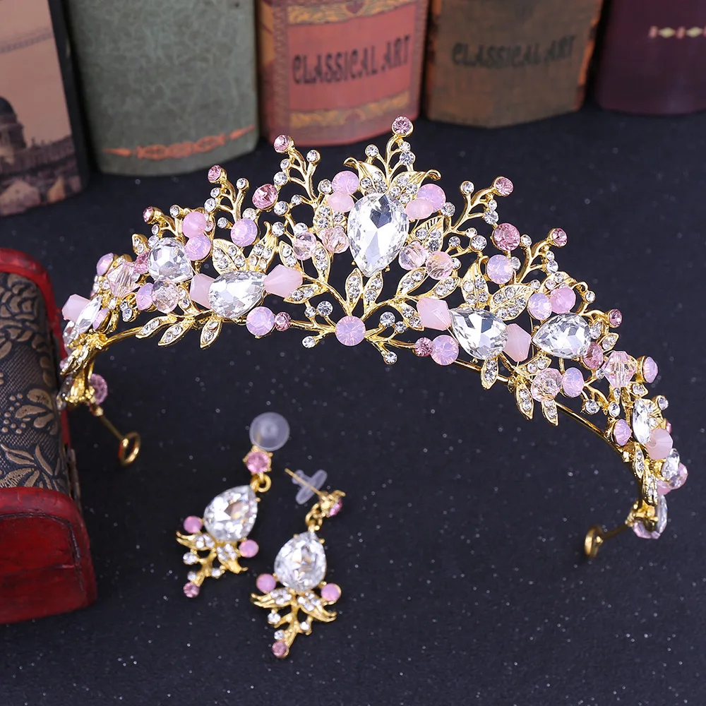 Queen Tiaras Flower Wedding Crowns with Earrings Baroque Princess Pink Rhinestone Headpiece for Women Bridal Hair Accessories