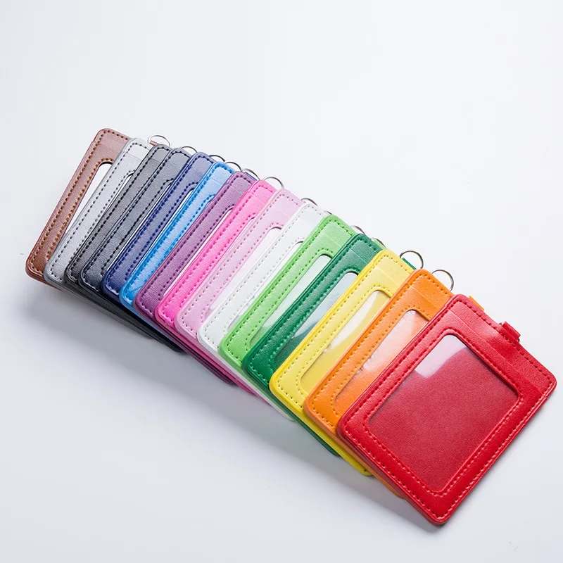 Promotional wholesale vertical removable with 2 credit card slots pu leather Id badge card holder