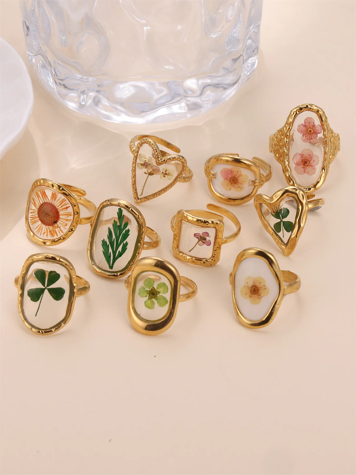 Vintage Kinds Of Flower Ring Real Flowers And Plants Fashion Jewelry Rings Lady Women Stainless Steel 18k Gold Plated Rings