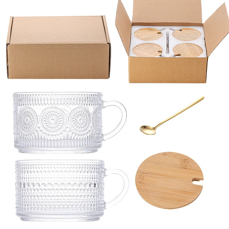 Recyclable Vintage Coffee Tea Cup Set Clear Embossed Glass Coffee Mug for Cappuccino Latte Yogurt