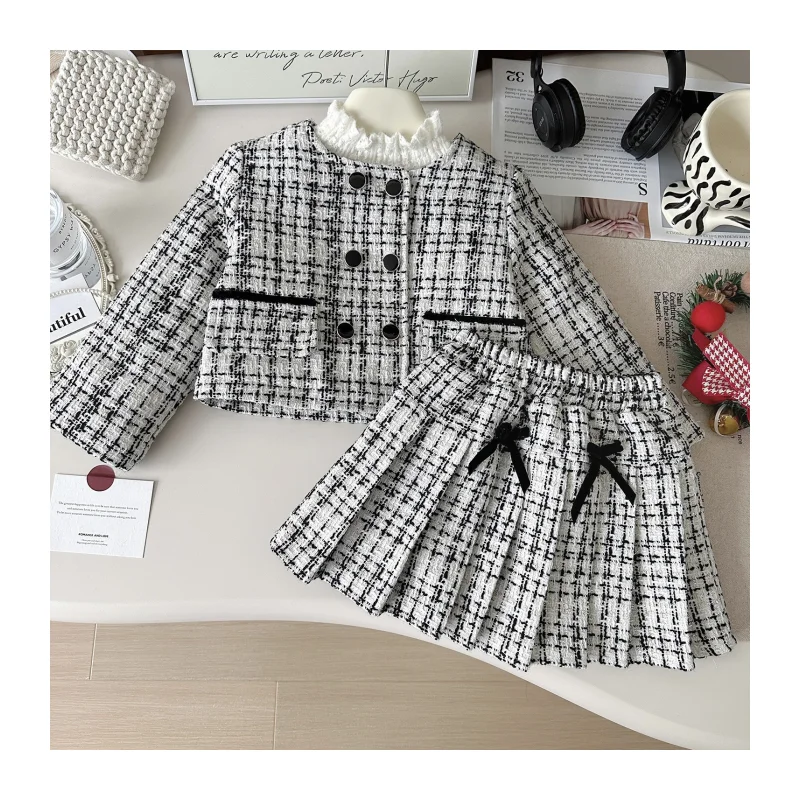 Ms-271 2025 Boutique Fall Baby Girl Winter Clothes Set 2-3 Years Plaid Jackets+Skirts 2 Pcs Set Korean Dress for Girls Kids