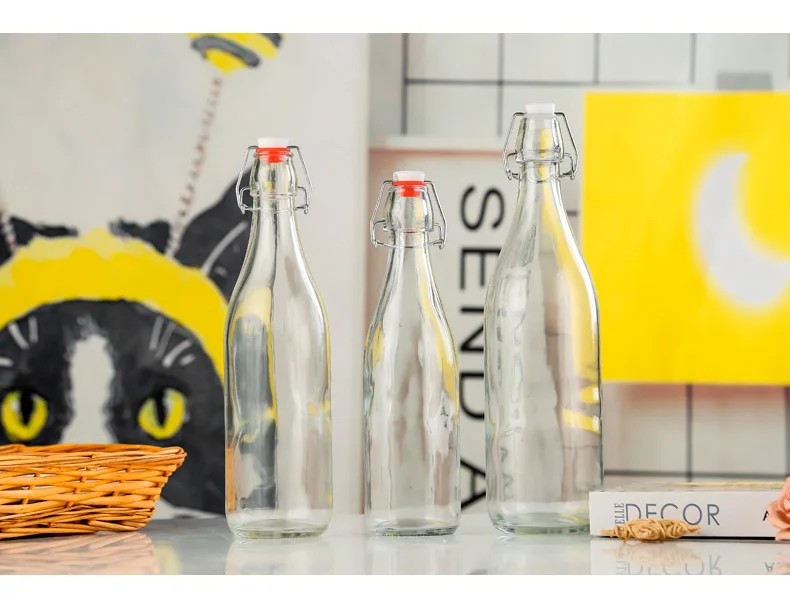 Custom Clear 500ml 750ml 1L bordeaux flat bottom swing top lid beverage beer glass wine bottle with airtight clip stopper