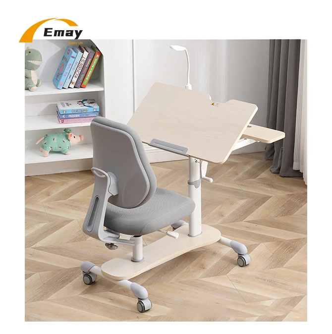 0-60 degree tilting table top integrated children Kid study table and chair  set height adjustable writing desk and chair