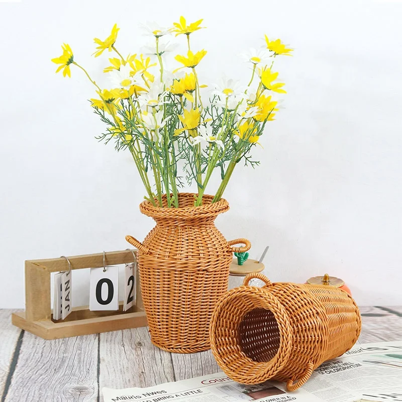 FSP353 Japanese Home Decor Plastic PE Creative Home Decoration Flower Straw Woven Antique Rattan Glass Vase Plant Vases