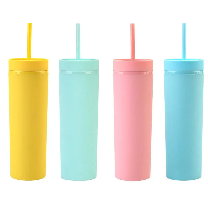 
Frosted Rubber Plastic Painted Straight Skinny 16oz Tumbler Sports Water Cup Tumbler with Straws 