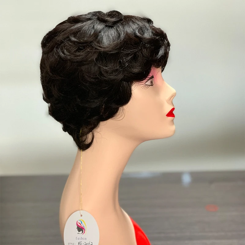 Machine made short wavy human hair wig with fringe
