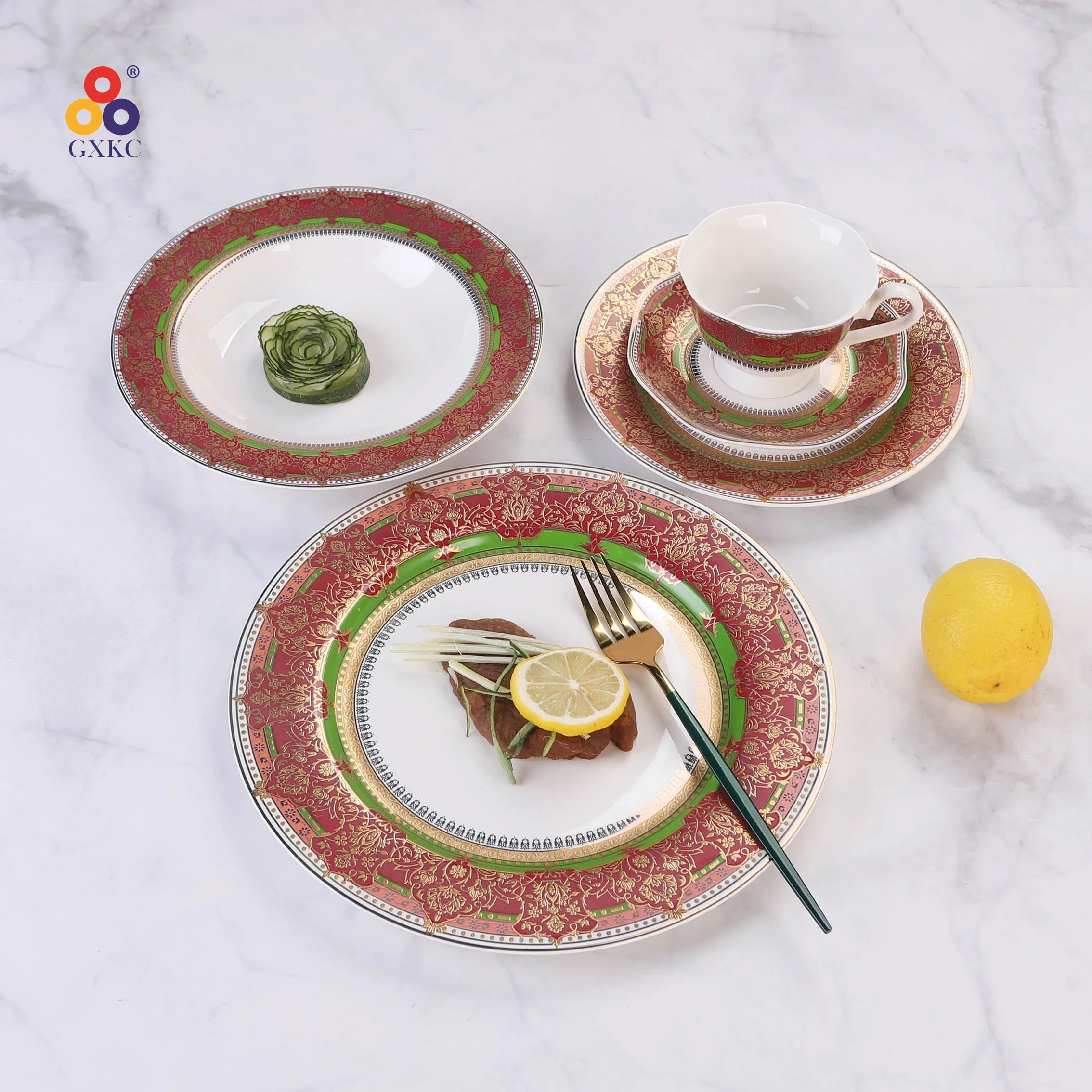 GuangXi SanHuan EU hot Wholesale 20pcs round porcelain dubai luxury red pattern gold pattern dinnerware sets USA hot sale