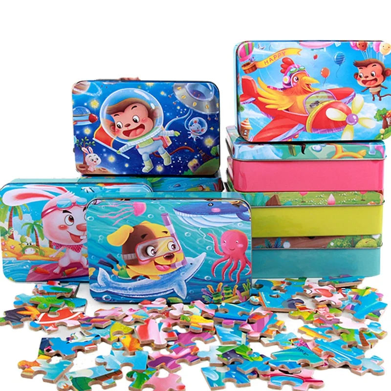 Baby Number Early Educational Toys Mini 60 Pcs Wooden Cartoon Children Iron Box Jigsaw Puzzles Board Games For Kids Boys Girls