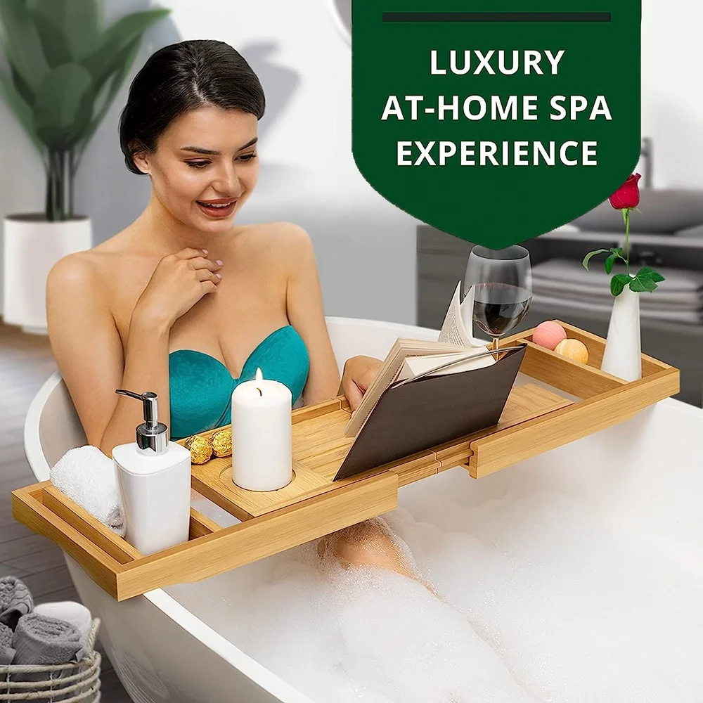 Bamboo Bath Caddy Tray Foldable Bathtub Tray Table with Extending Sides for Bathroom Toilet Shower Home Use