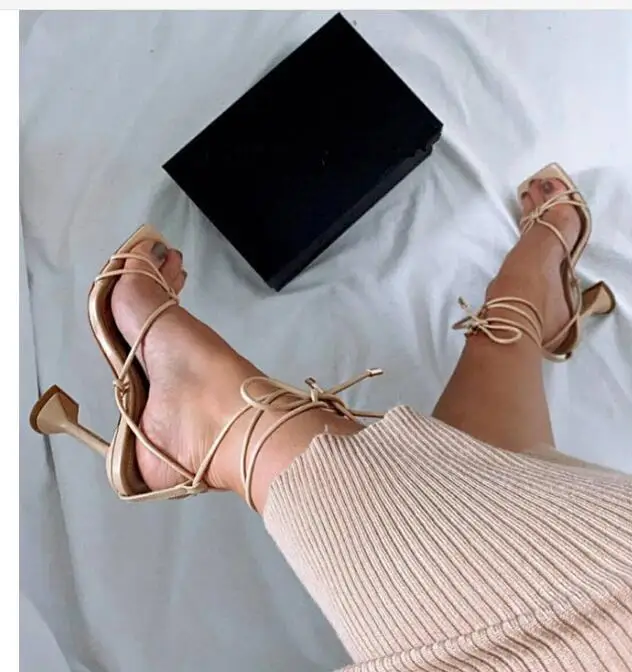 Summer Woman Shoes Sandals Basic Pu Fashion Cross-tied Spike Heels Lace-Up Party Pumps size 35- 41 Black White Apricot