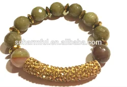 ST00290 Gold Plated Bead Green Jade Gemstone Beads Pave BarHand Mama Bracelet Beadable Bracelet