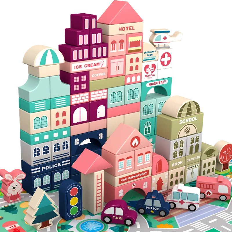 100 Pcs Wooden City Street Transportation View Building Blocks Rainbow Baby Educational Toys Creative Stacking Set