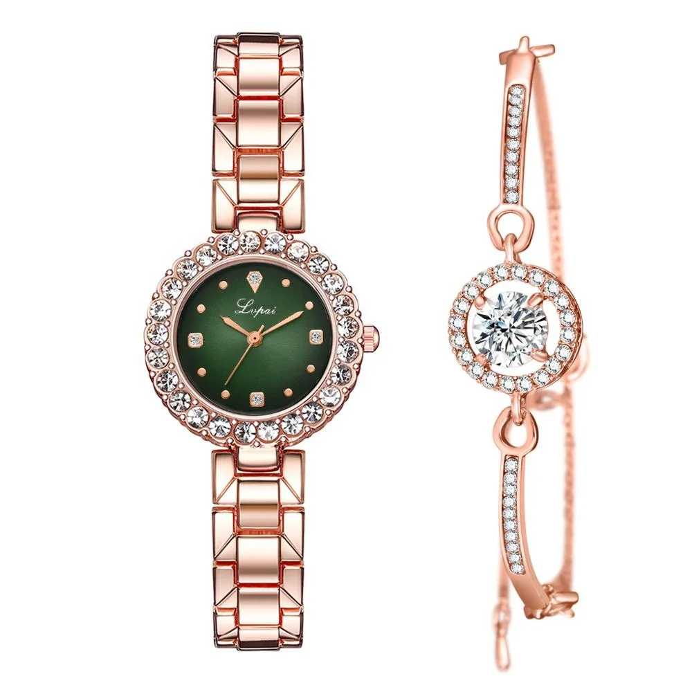 Beautiful Girls Hand Watches Fashion Diamond Rose Gold Metal Women Watch And Bracelet Sets