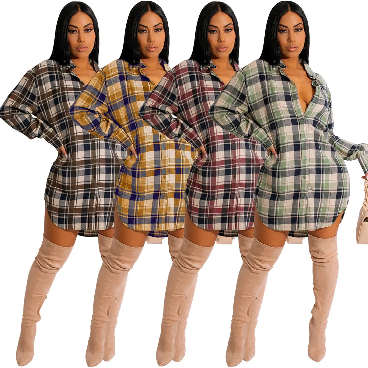 Fall ladies dresses 2022 elegant women clothing casual loose plaid shirt dress long sleeve dress