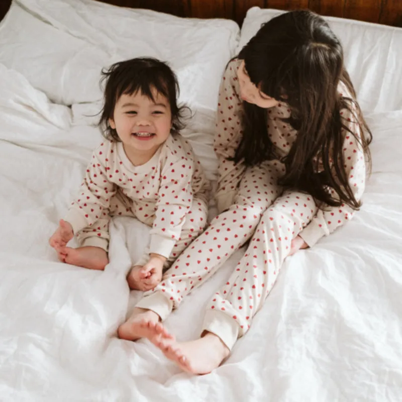 OEM Brand 100% Cotton Heart Print Baby Girls Pajama/ Kids Pyjama Clothing Set Nightwear 2 pcs sleeping clothes