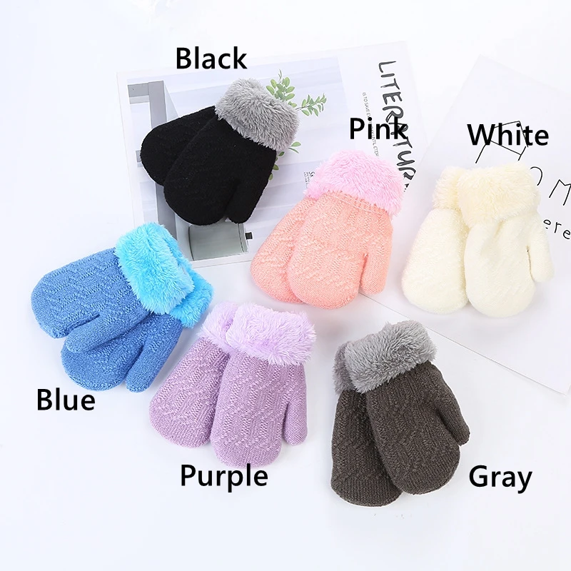 Children Winter Jacquard Thick Plush Gloves Infant Baby Solid Color Gloves