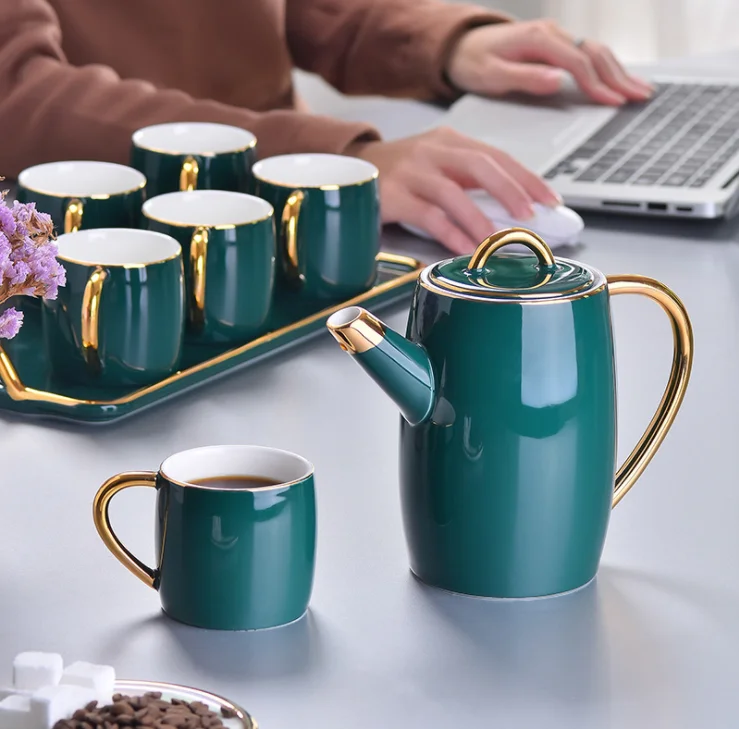 European Household Modern Design Glazed Green Ceramic 6pcs Cups and Teapot Set with Tray