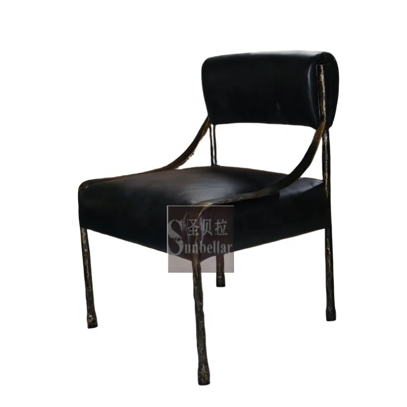 wholesale black leather dining side chair luxury genuine leather metal forged iron chair with back dining room hotel restaurant