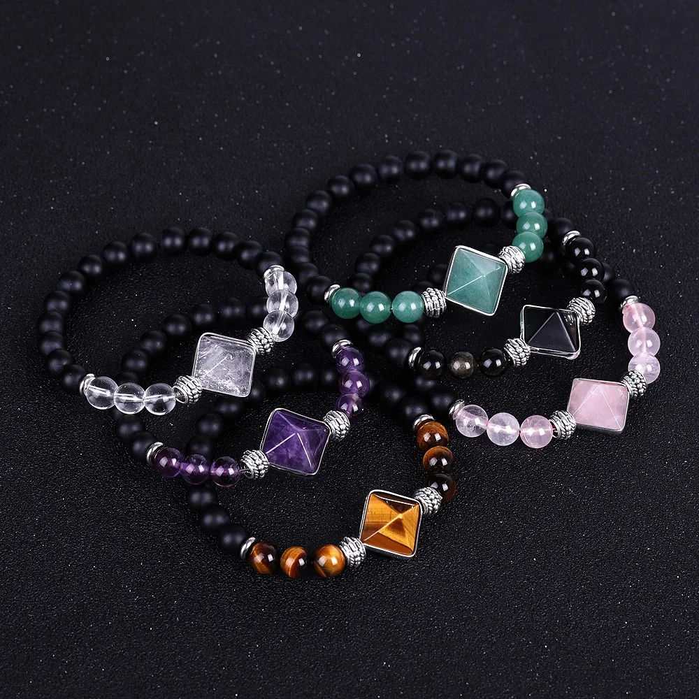 Wholesale Yoga Beaded Lava Stone Bead Bracelet Amethyst Tiger Eye Bead Pyramid 7 Chakra Natural Stone Bracelet